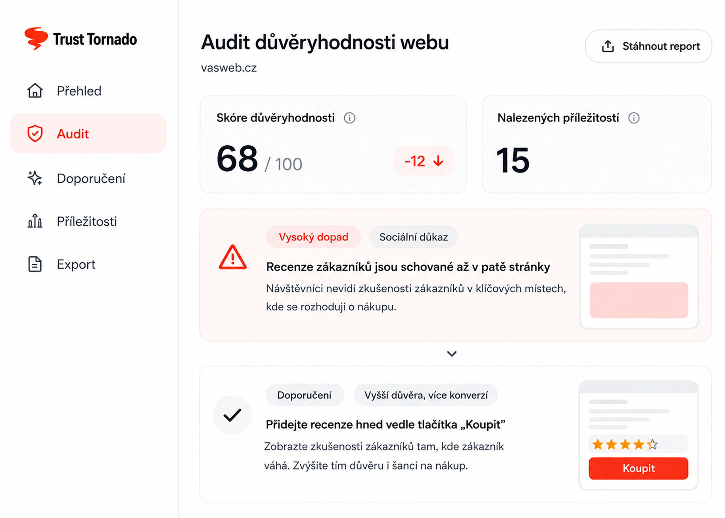 Ukázka výstupu auditu — skóre důvěryhodnosti, počet nalezených příležitostí a konkrétní doporučení