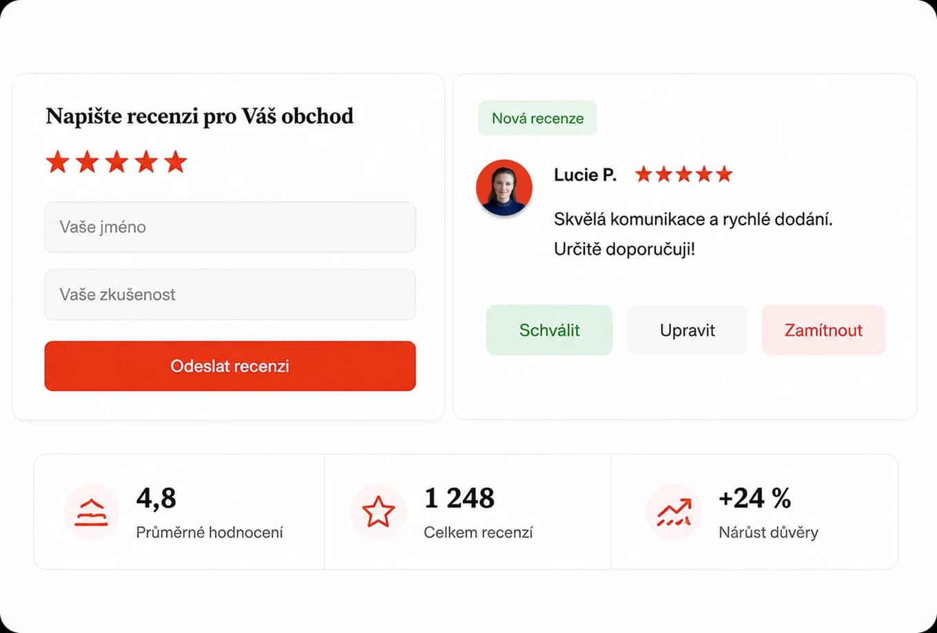 Sběr a moderace recenzí — formulář, schvalování nové recenze a statistiky