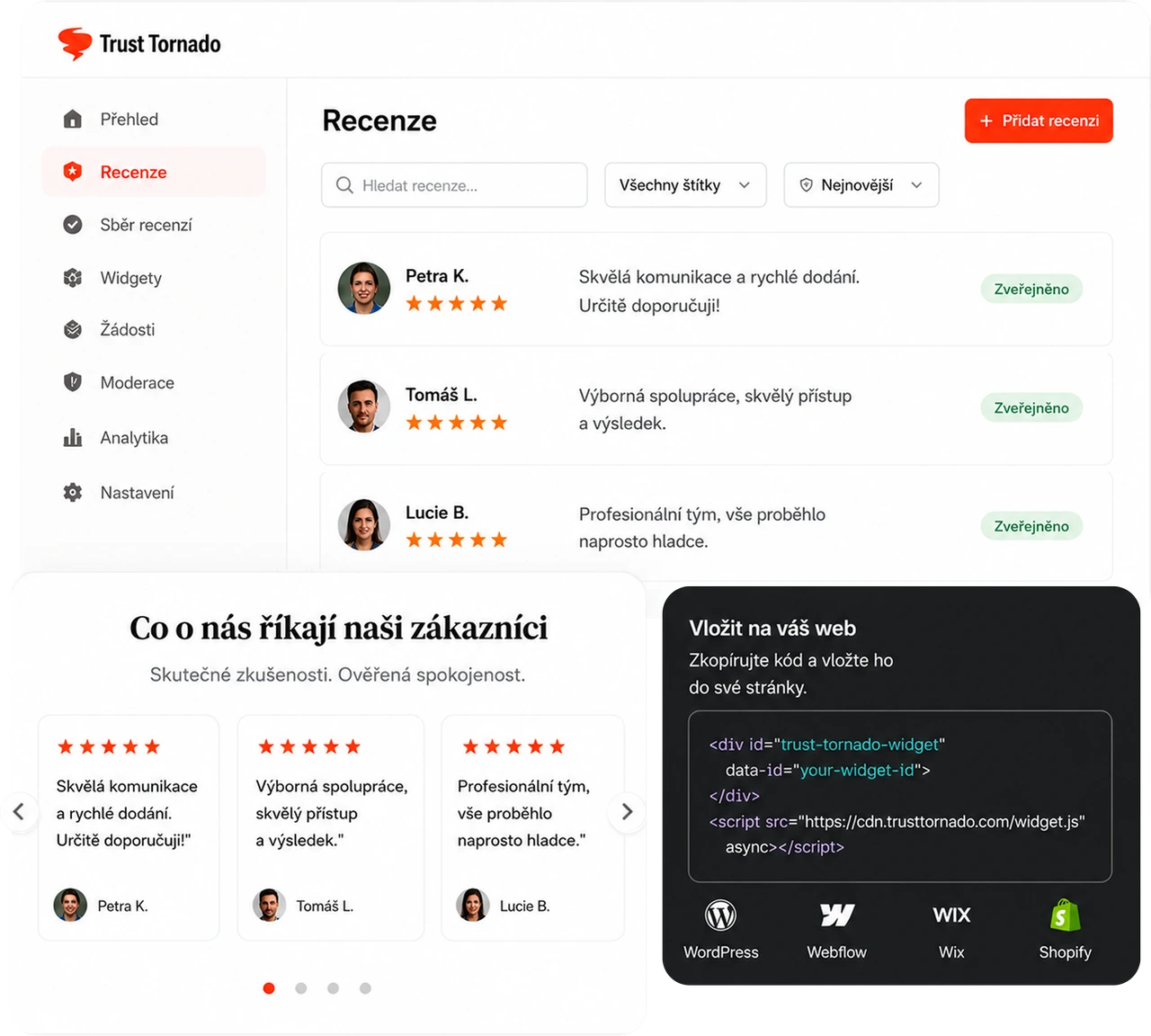 Ukázka rozhraní Trust Tornado — přehled recenzí, widget se zákaznickými recenzemi a kód pro vložení na web